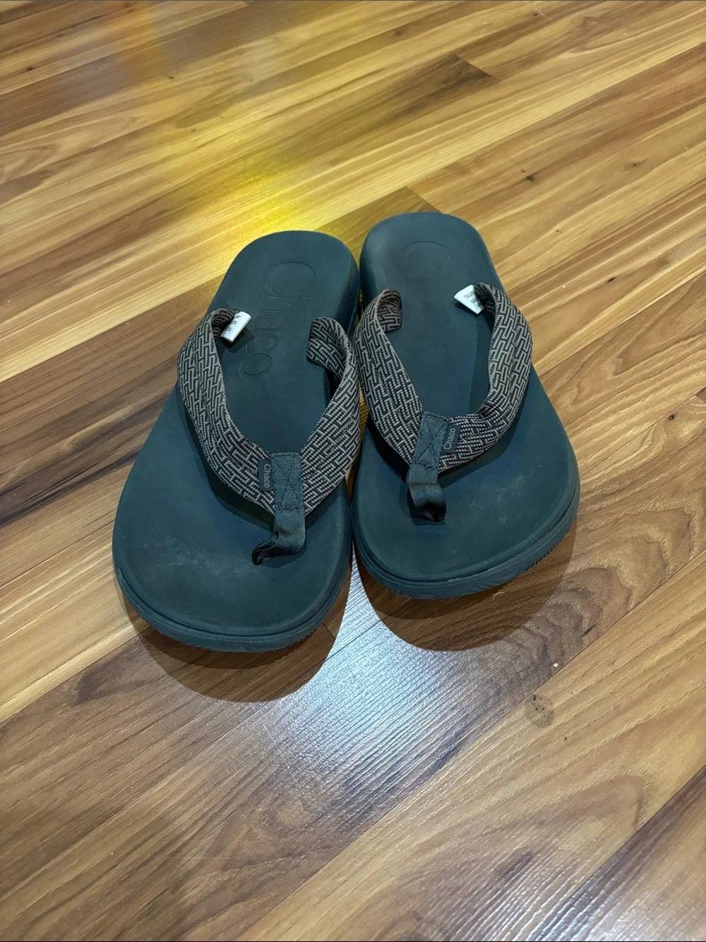 Chaco Men's Black Footbed with Brown Patterned Strap Flip Sandals